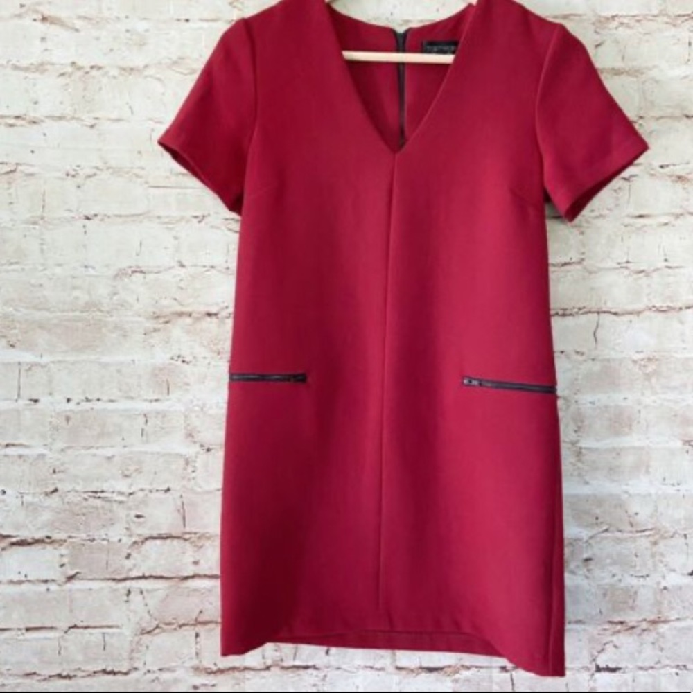 Topshop Womens Mod Zipper Mini Shift Dress Size 2 Red Short Sleeve